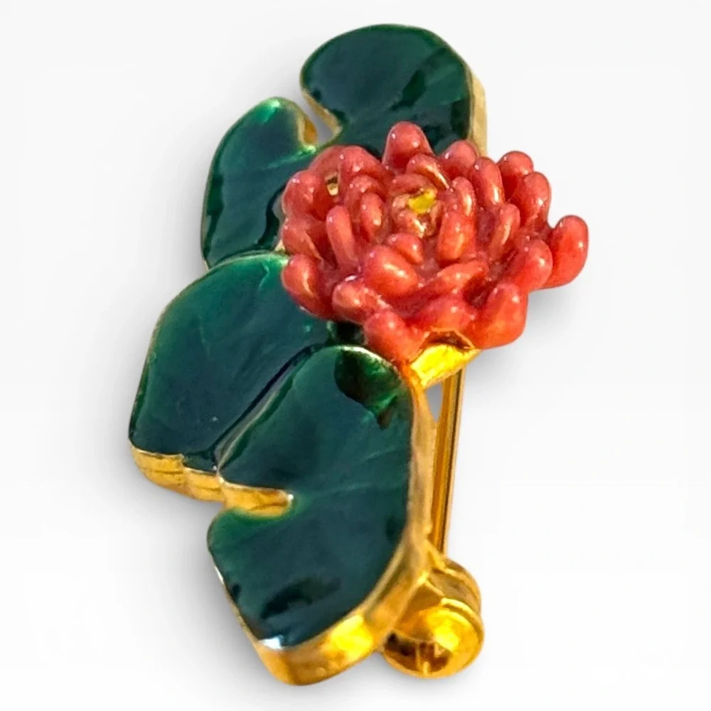 Vintage MFA Enamel‎ Lily Pad & Lotus Brooch Monet Water Lilies Inspired Signed